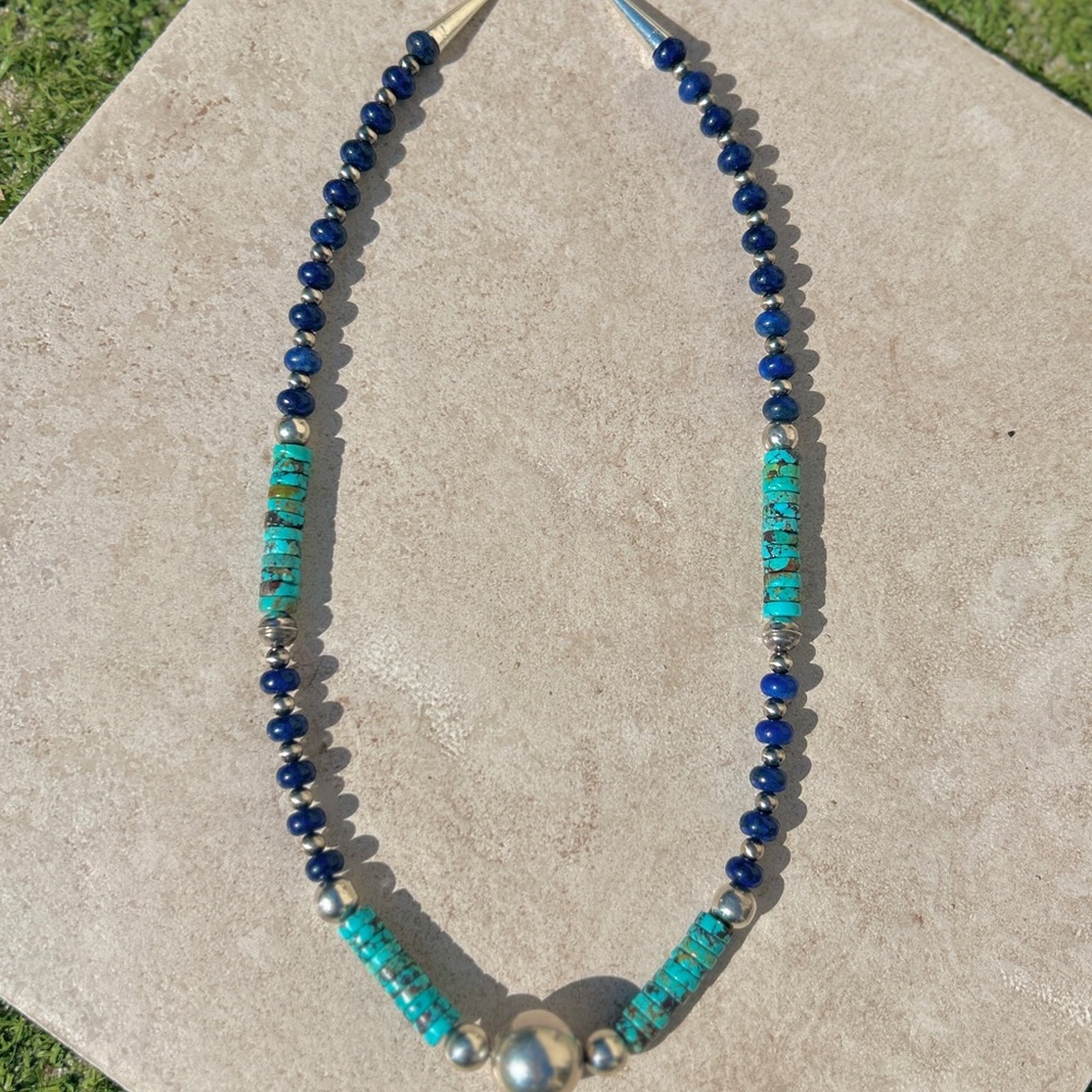 SOLD Navajo Sterling silver Turquoise and Lapis Beaded Necklace